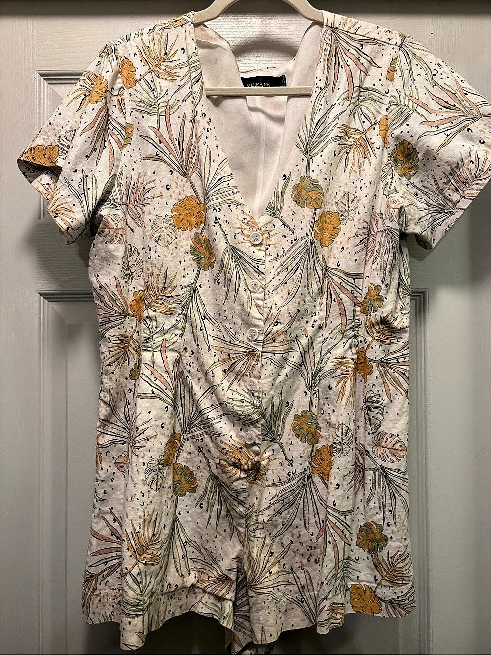 MINKPINK Floral Short Sleeve Romper in White & Orange XXL